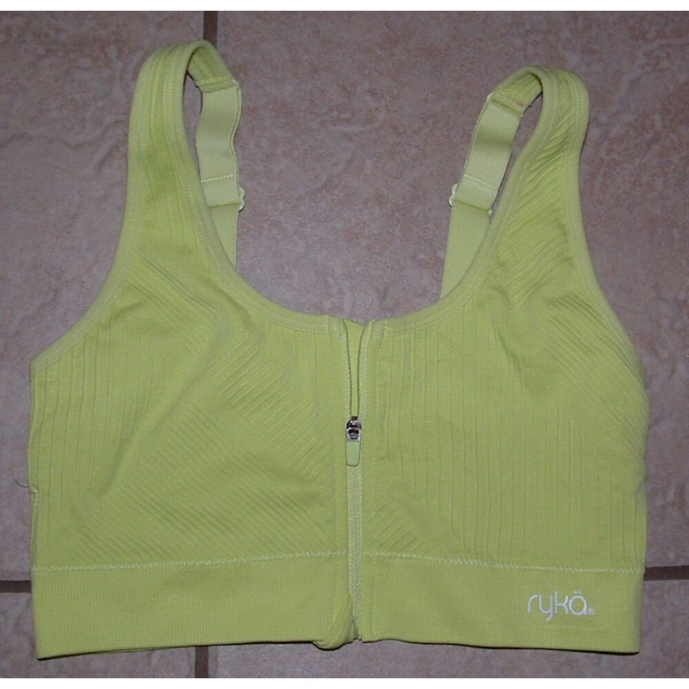 RYKA Bright Yellowish Green Sz Medium Zip Front Wire Free Stretchy Sports Bra